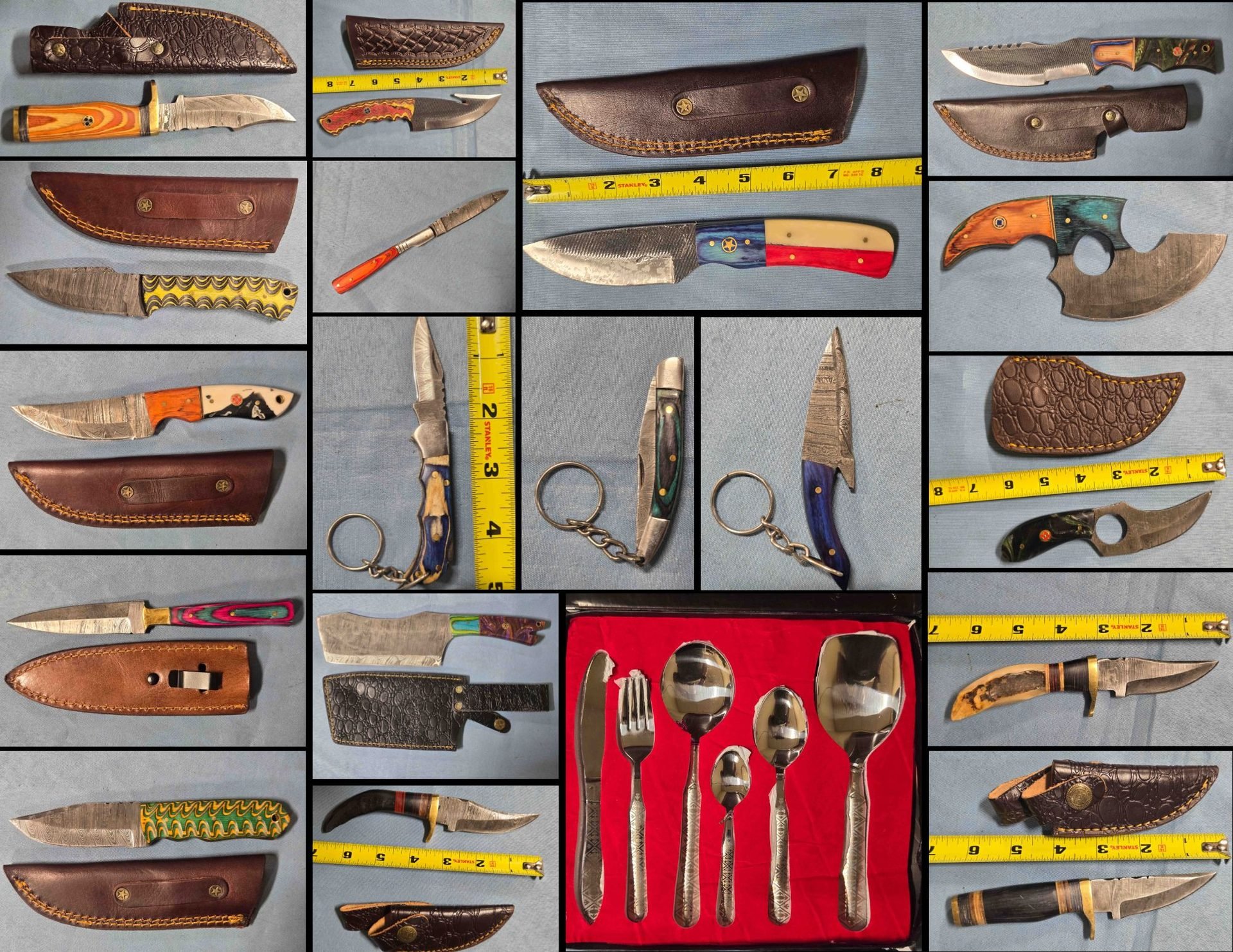 2/22 Damascus Steel - Pocket Knives - Cleavers - Serrated Blades- Flatware - Daggers - Ulu - Key Chain Knives - Fixed Blades - Leather Sheaths