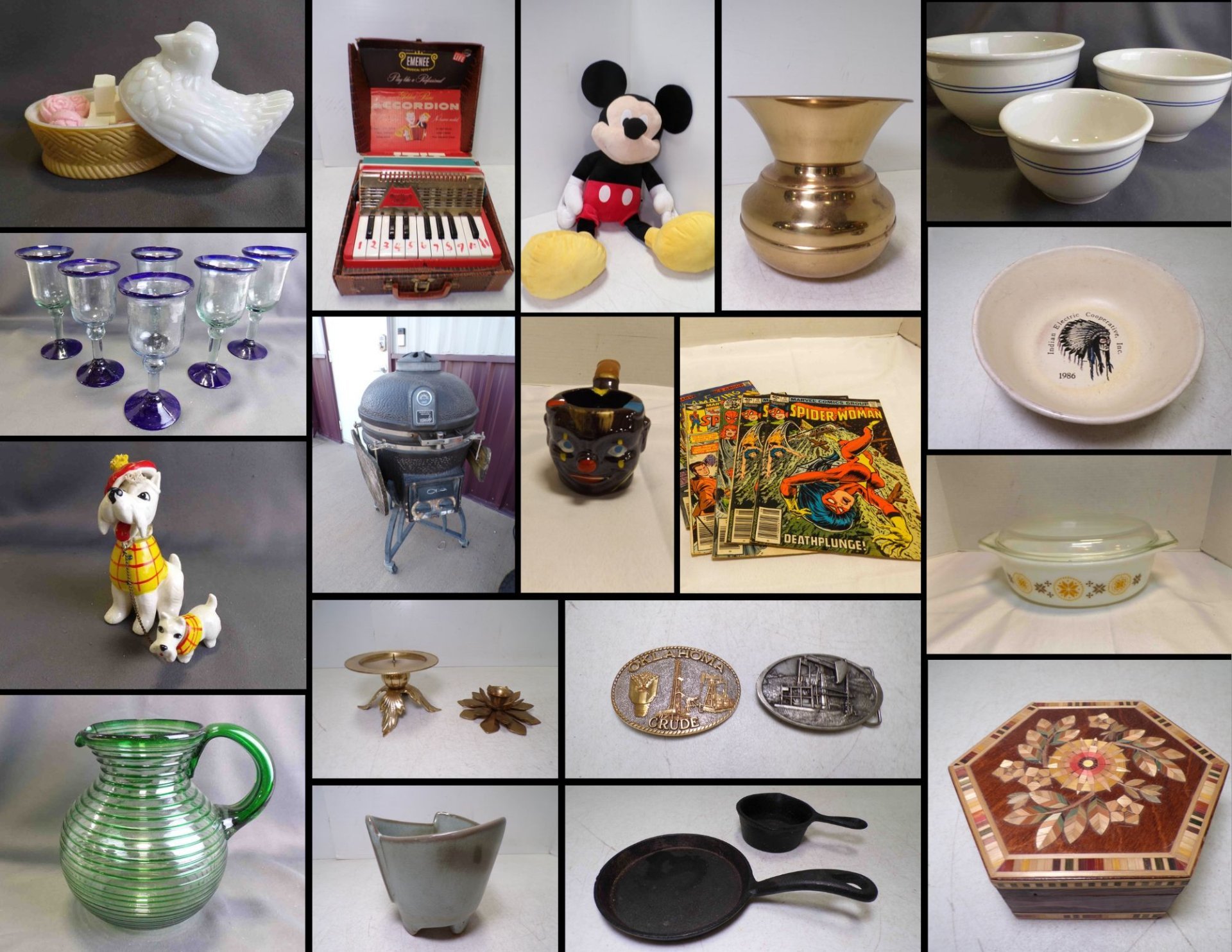 10/27 Collectibles - Frankoma - Ceramic Charcoal Grill - Brass - Buckles - Hot Wheels - Comic Books - Knives - Little Golden Books - Glassware - Decanters