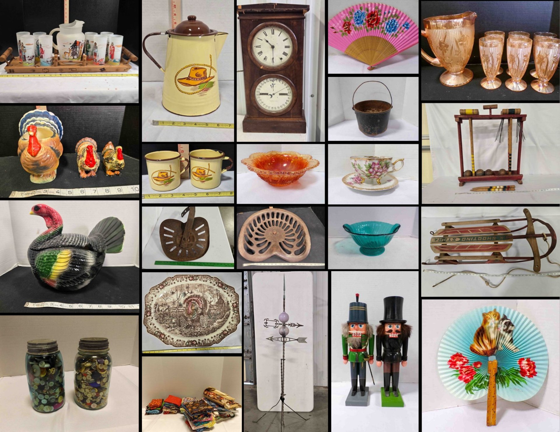 11/9 Implement Seats - Water Sprinkler Collection - Monterrey Western Ware - Holiday Decor - Model T Wrenches - Knox Glasses -Glassware - Tea Cups - Quilting Fabrics - Porcelain Dolls - Hand Held Fans