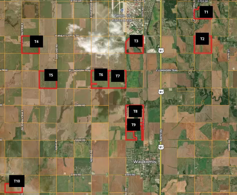 12/4 1398.17± ACRES * GARFIELD COUNTY OK * CROPLAND * GRASS PASTURE * OFFERED IN 10 TRACTS