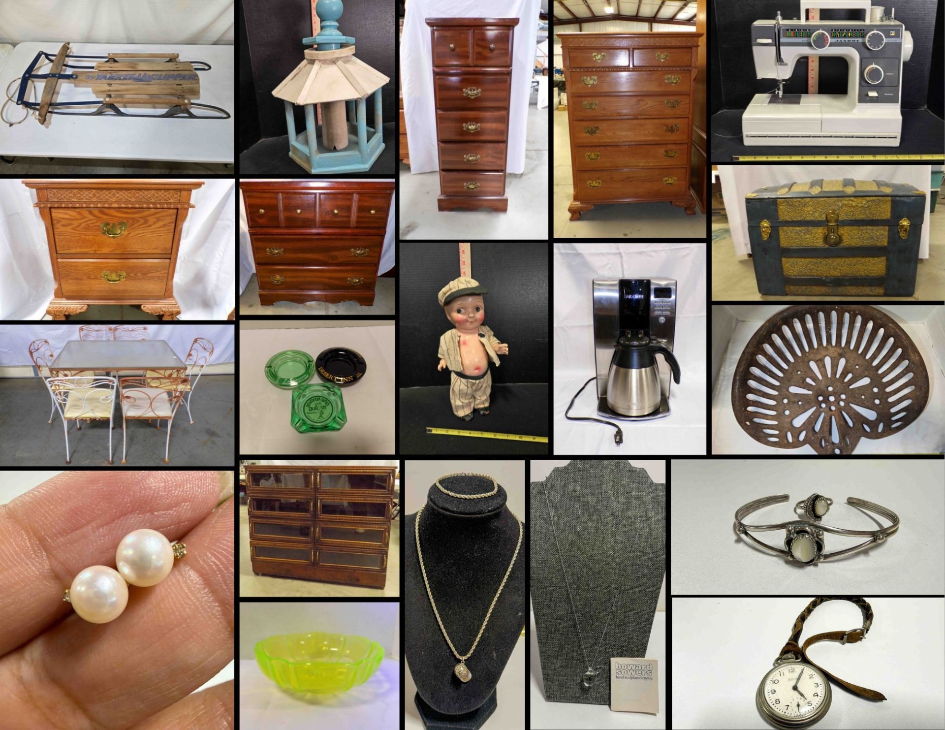 11/17 Furniture - Farm Implements Seats - Gold Spot - Barbies - Jewelry - Pottery - Household - Birdhouses - Ashtrays - Uranium Glass